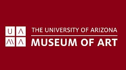News header for the University of Arizone Museum of Art. Shows a white logo on a red background. The white logo combines white text and four blocks on the right hand side showing the initials "U", "A", "M", and "A" in a stylized, simple digital rendering to represent the museum's initials.