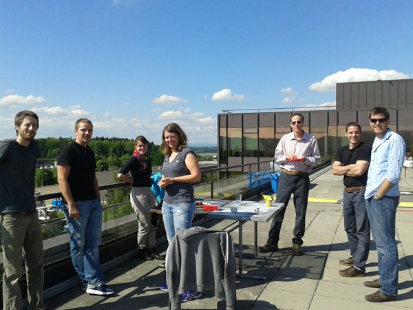 Professor Robert Ribe (third from right) on the rooftop terrace outside the ETH-Zurich Institute for Landscape Architecture with PhD students (from left to right) Enrico Celio, Thomas Klein, Bettina Weibel, Andrea Ryffel, (Ribe), Michel Ott, and research associate Maarten Van Strien.