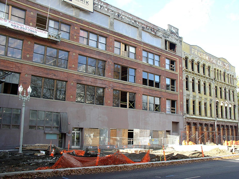 The White Stag (Hirsch-Weiss) Building, at left, and the Bickel Building, at right, during renovation 