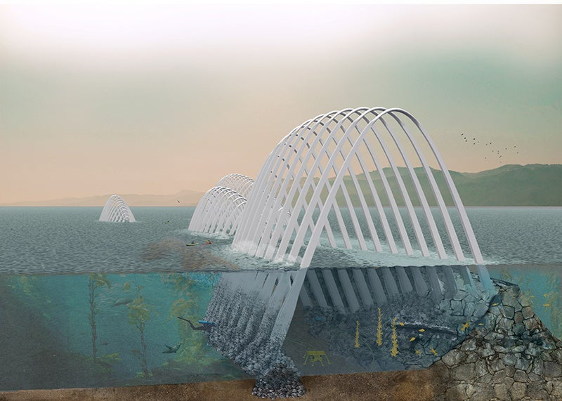 wave-, wind-, and solar-powered generators within graceful arches