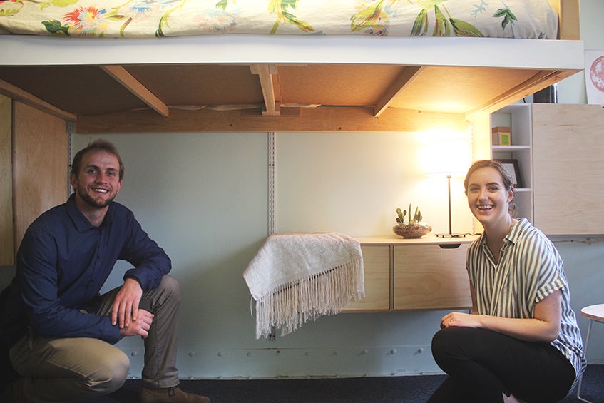 Max Friday (left) and Lydia Bales show their room design