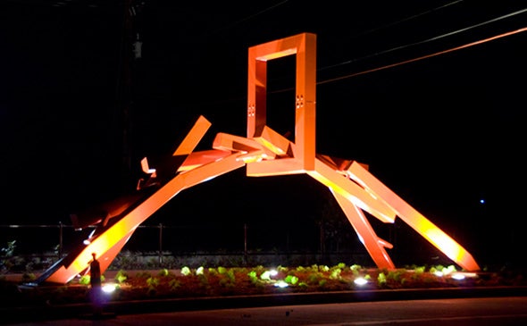 Splashdam sculpture, red painted steel