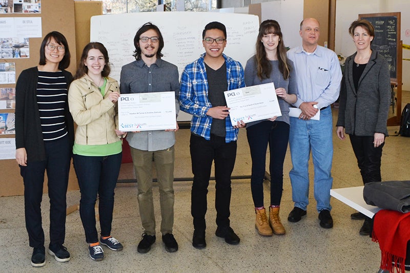 From left, Wonhee Arndt, KeeAnna Turner, Andrew Zielinski, Tin Le, Sarah Roner-Reiter, Chuck Williams (UO associate vice president for innovation), and Kiersten Muenchinger (Department of Product Design department head)