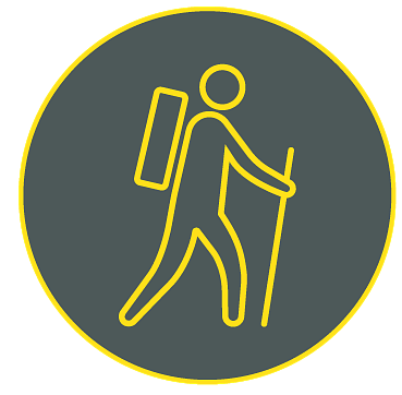 Photo of a stick figure walking/hiking in yellow and gray. 
