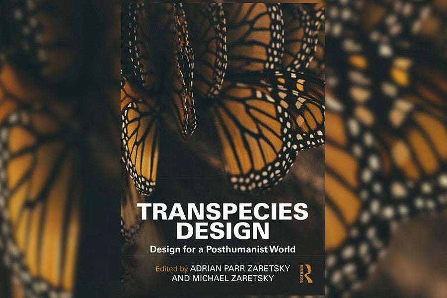 News header for Transpecies Design book. Shows upclose photo of three sets of monarch butterfly wings. 