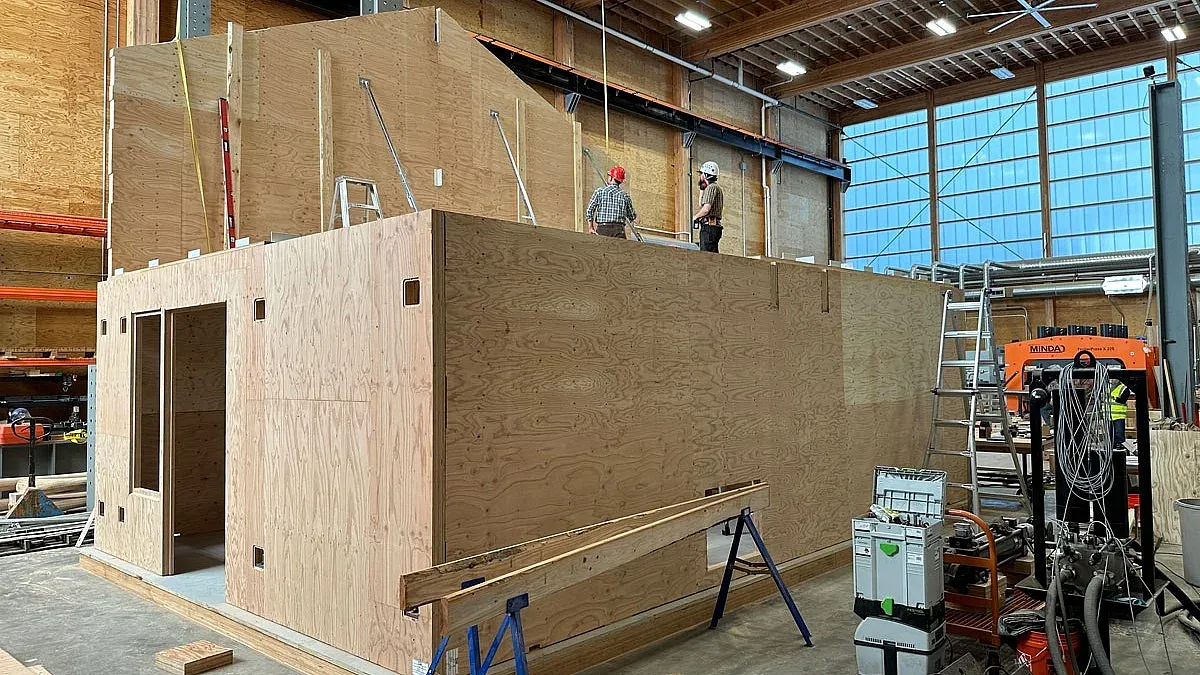 Mass plywood house exterior from OSU lab.