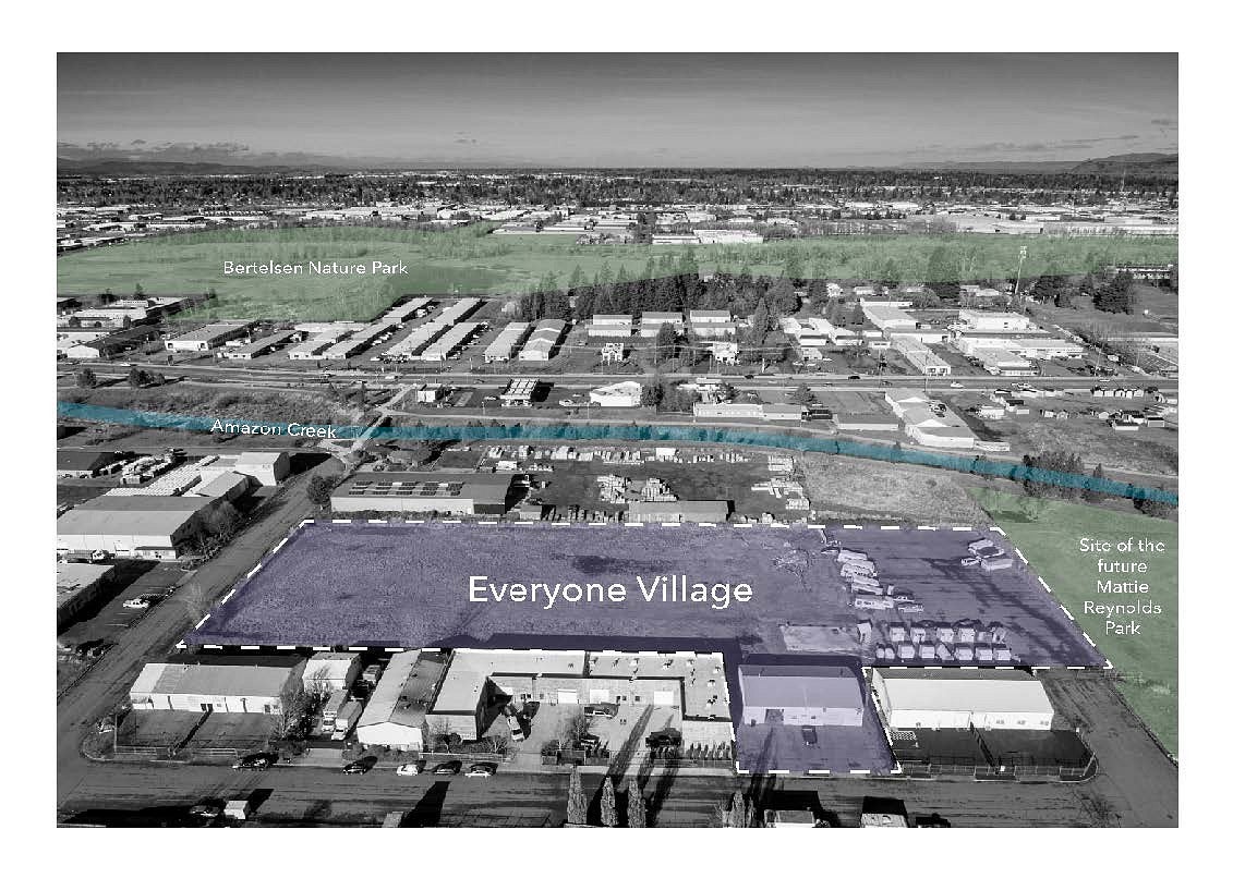 Aerogram from Everyone Village by Rosie Yerke. Shows a 3/4 view of Everyone Village and north of the site with boundaries drawn around the location. 