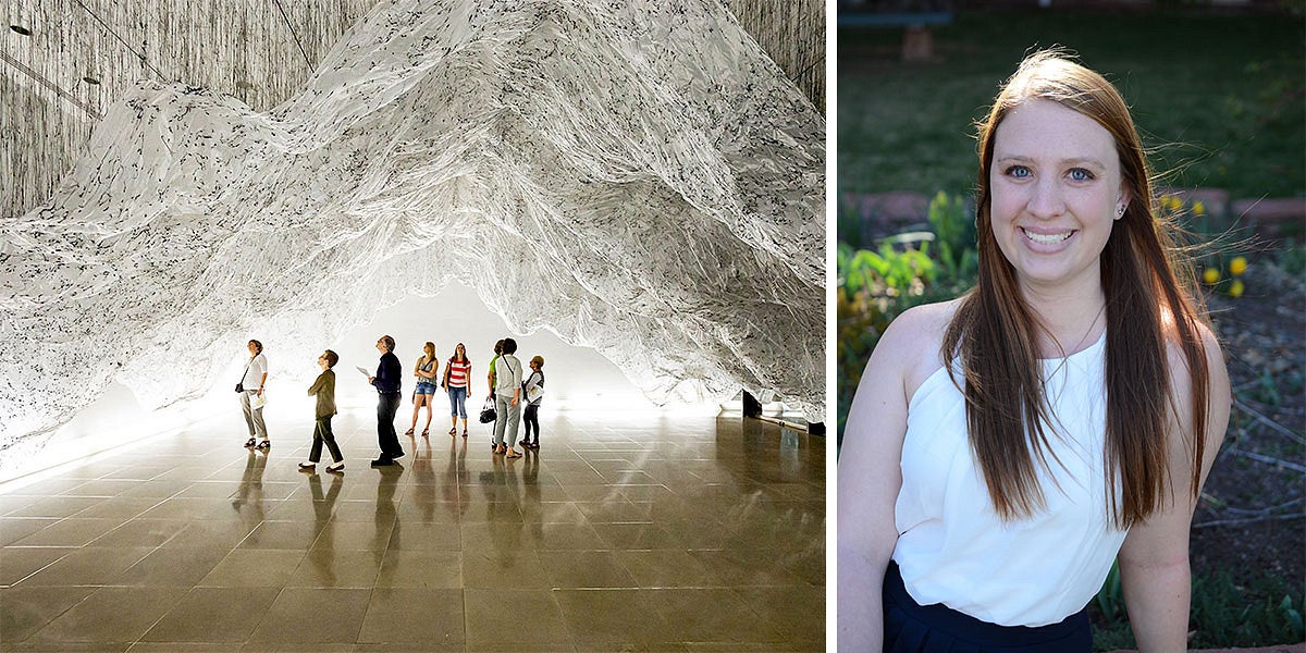 Photo of an art installation and a photo portrait of Emily Lawhead