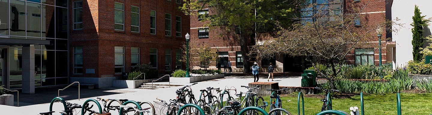 walkway to Lawrence Hall with bikes at bike racks