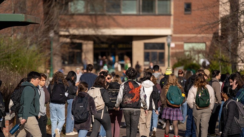 Winter Term crowd in front of Lawrence Hall. 
