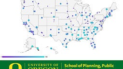 Designed header for PPPM article. Shows a map of the United States with mutliple dots that represent cities and their accessibility score.