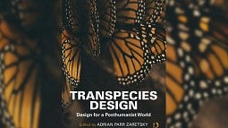 News header for Transpecies Design book. Shows upclose photo of three sets of monarch butterfly wings. 