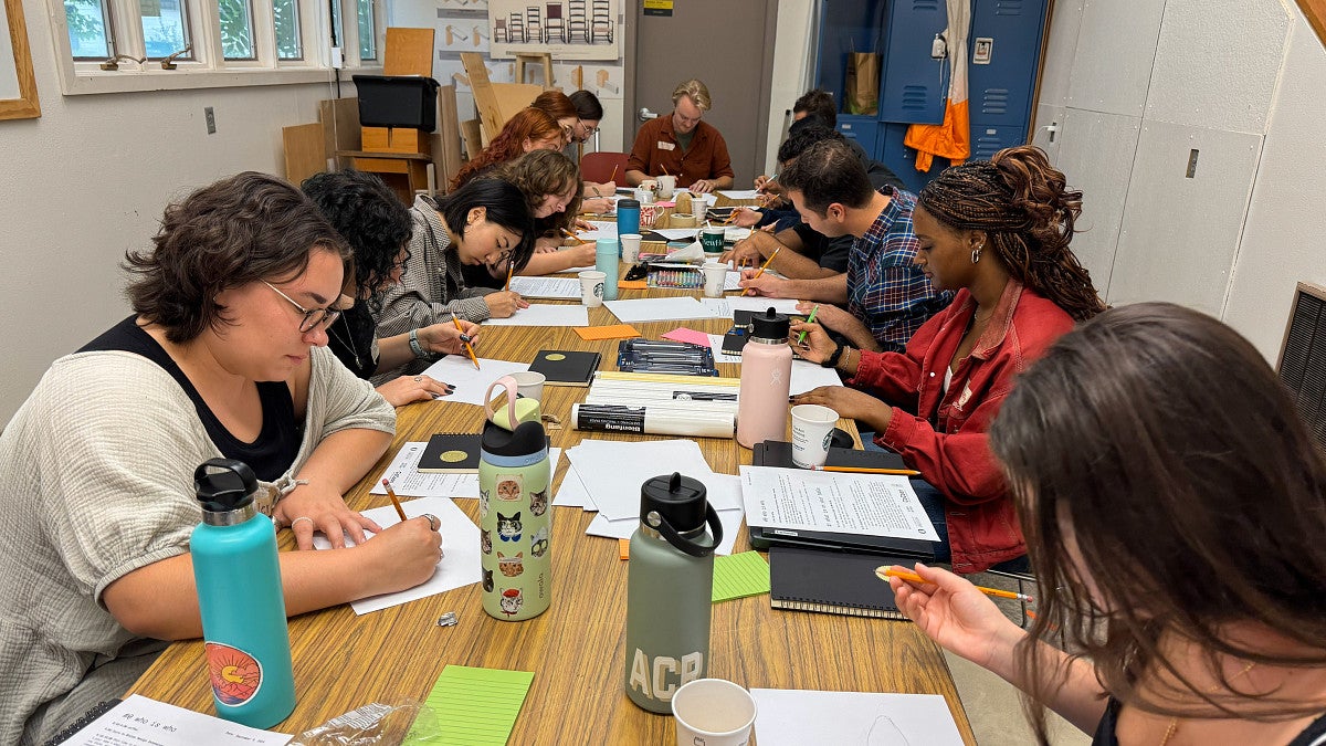 Photograph of students working on the first day.