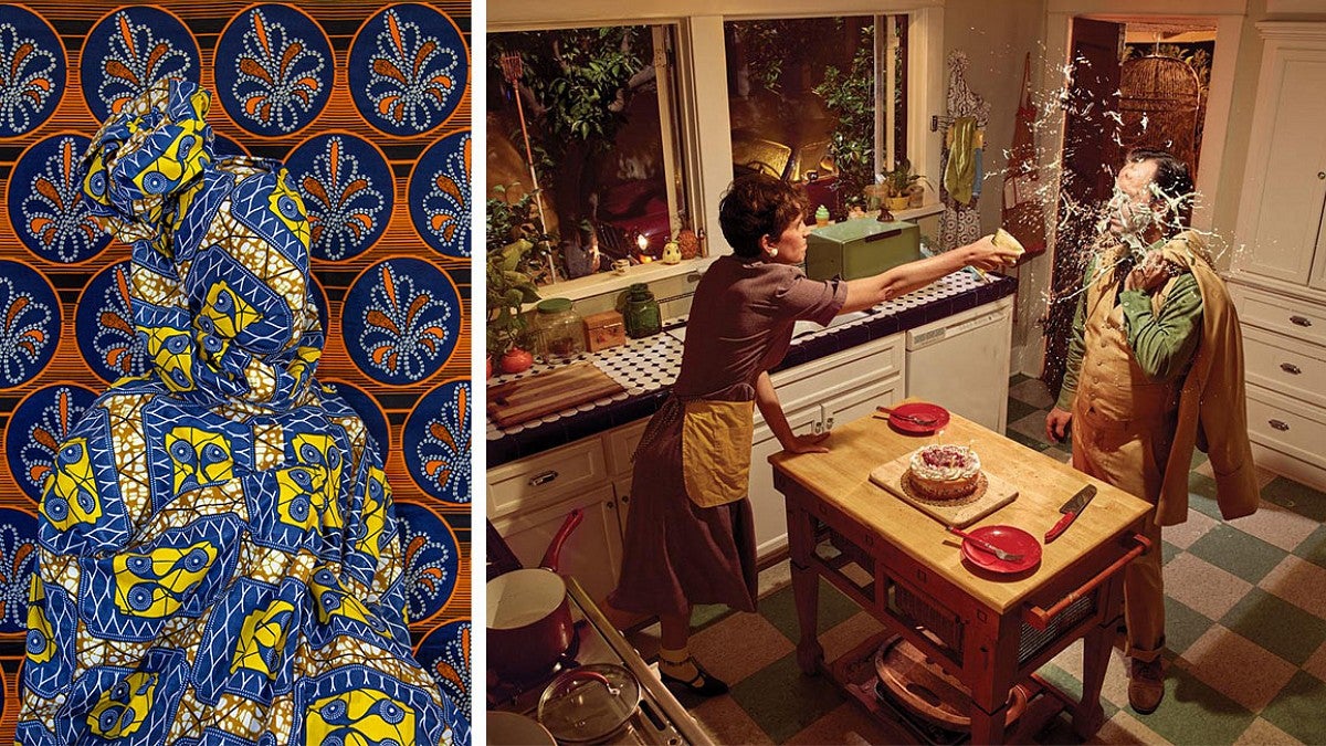 A photograph of a person in textiles and a photograph of a couple fighting in a kitchen