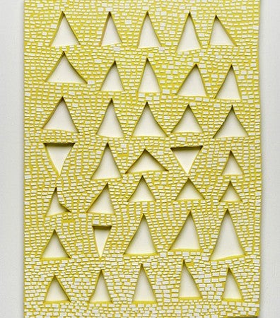 Bricks on Yellow, artwork by Amanda Wojick. Wood, paper, paint, 22x30x1.