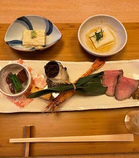Photograph of a Japanese meal/course at a hotel.