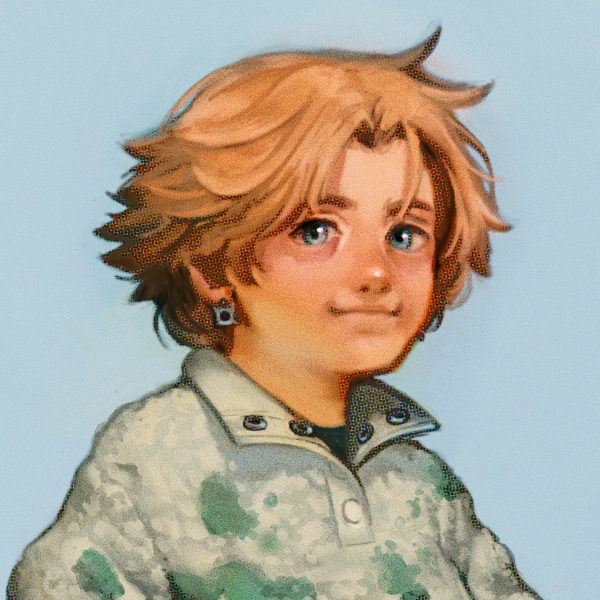 Designed illustration of Finn, shows a young, cherubic masc presenting, colorful design. 