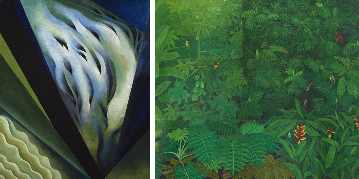 A blue and green canvas by Okeeffe and a painting of a garden
