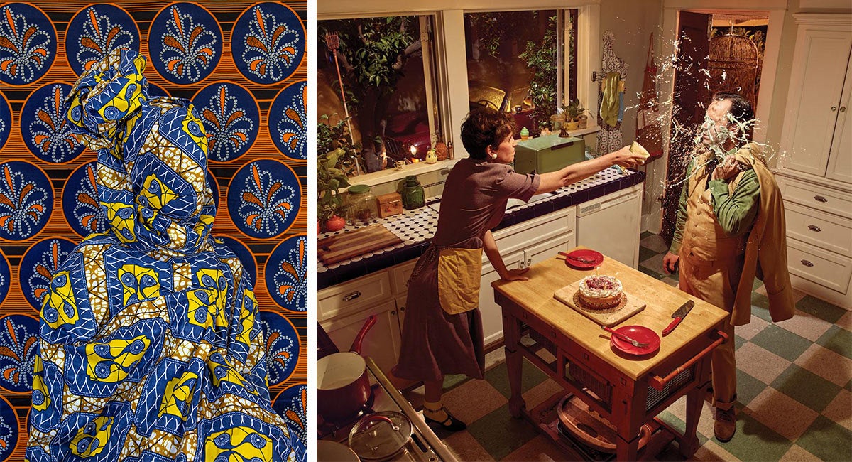 A photograph of a person in textiles and a photograph of a couple fighting in a kitchen