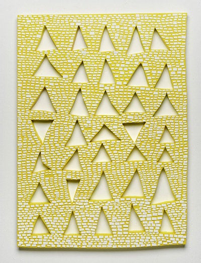 Bricks on Yellow, artwork by Amanda Wojick. Wood, paper, paint, 22x30x1.