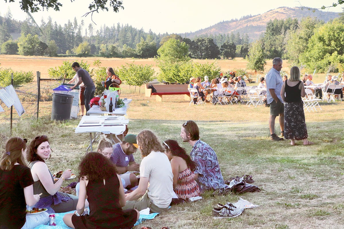 people sitting on grass at sunset