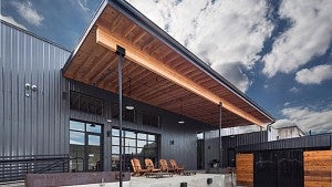 building with covered outdoor seating area
