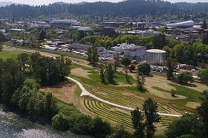 Drone Shot of the Land Lab, an area between the UO campus and the Willamette River