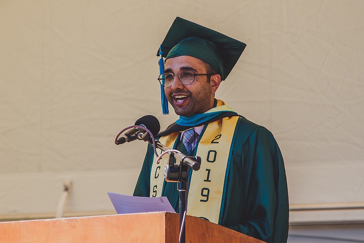 Photo of Agraj Dangal speaking at College of Design commencement