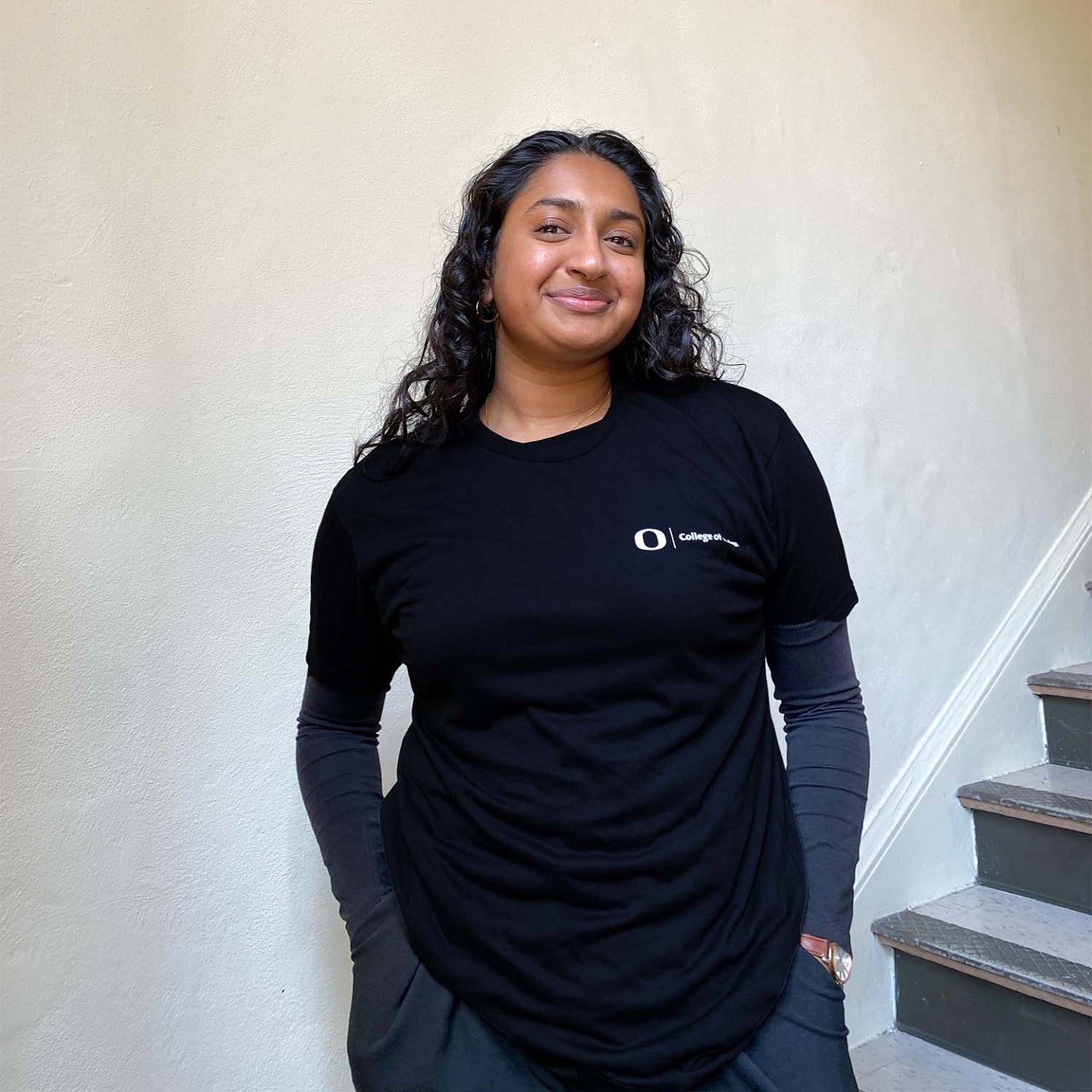 Women's Black T-Shirt: Front reads "O logo | College of Design." Back includes Duck logo with text "Oregon Design Ducks" and "#ODD"