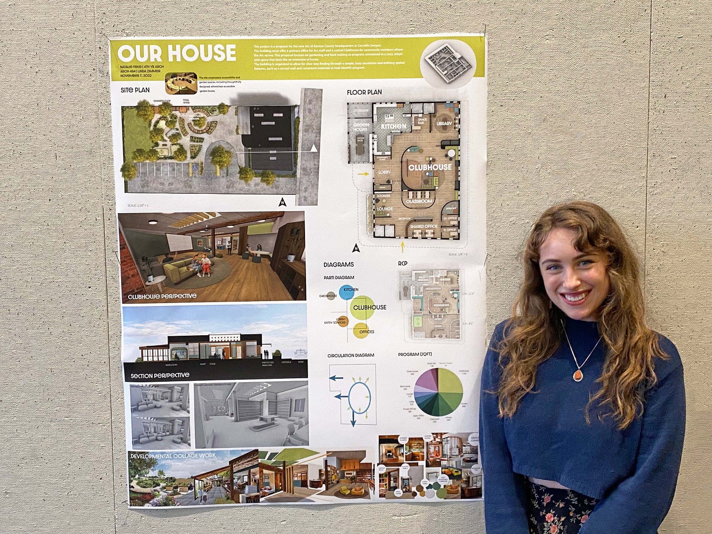 female student presenting her concept art on The Arc clubhouse