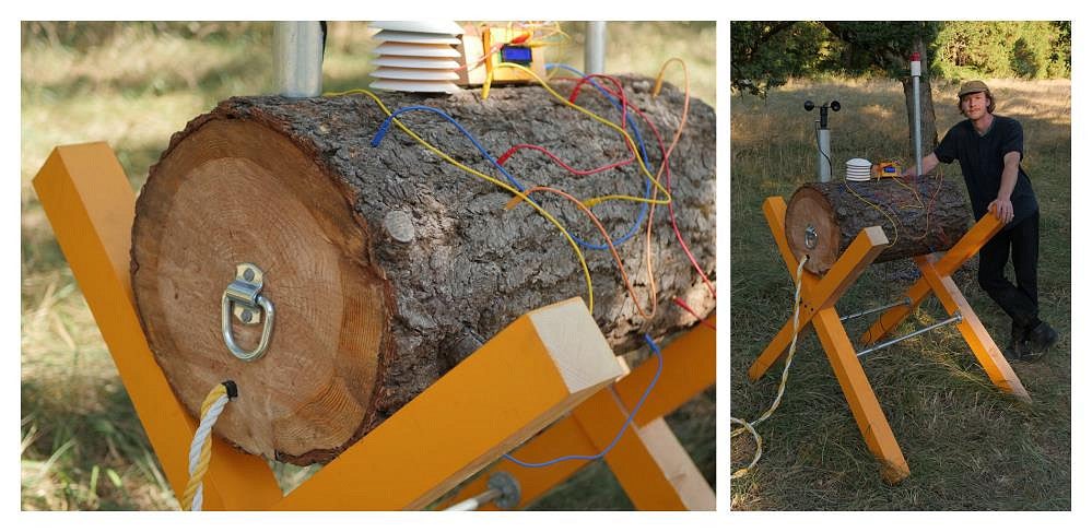 Photo of a student exhibit called "Hyper-Instrument: Hybrid of nature and technology". Shows a log with electrodes and wires coming from it's body.
