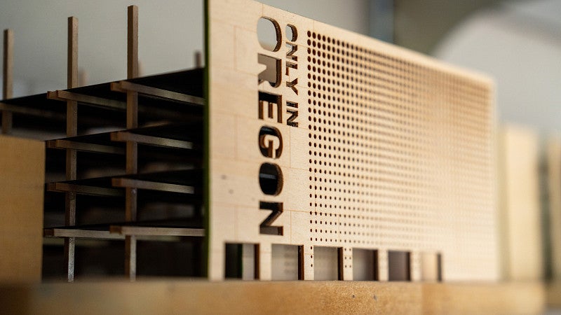 Photo of the new TallWood Design Institute building. Shows a mock building made in wood.