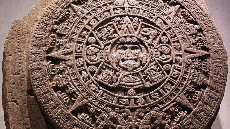 Monolith of the Stone of the Sun, also named Aztec calendar stone (National Museum of Anthropology and History, Mexico City). Wikimedia Commons.