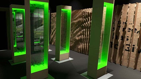 3D rendering of glowing, hollow wooden columns