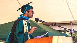 Agraj Dangal speaking at the 2019 UO College of Design commencement