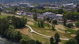 Drone Shot of the Land Lab, an area between the UO campus and the Willamette River