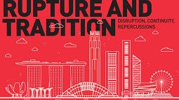 IATSE Singapore Conference Graphic. Shows line art of numerous buildings from all over the world on a red background.