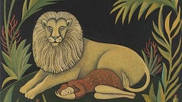 Sharon Bronzan painting of a woman sleeping next to a lion