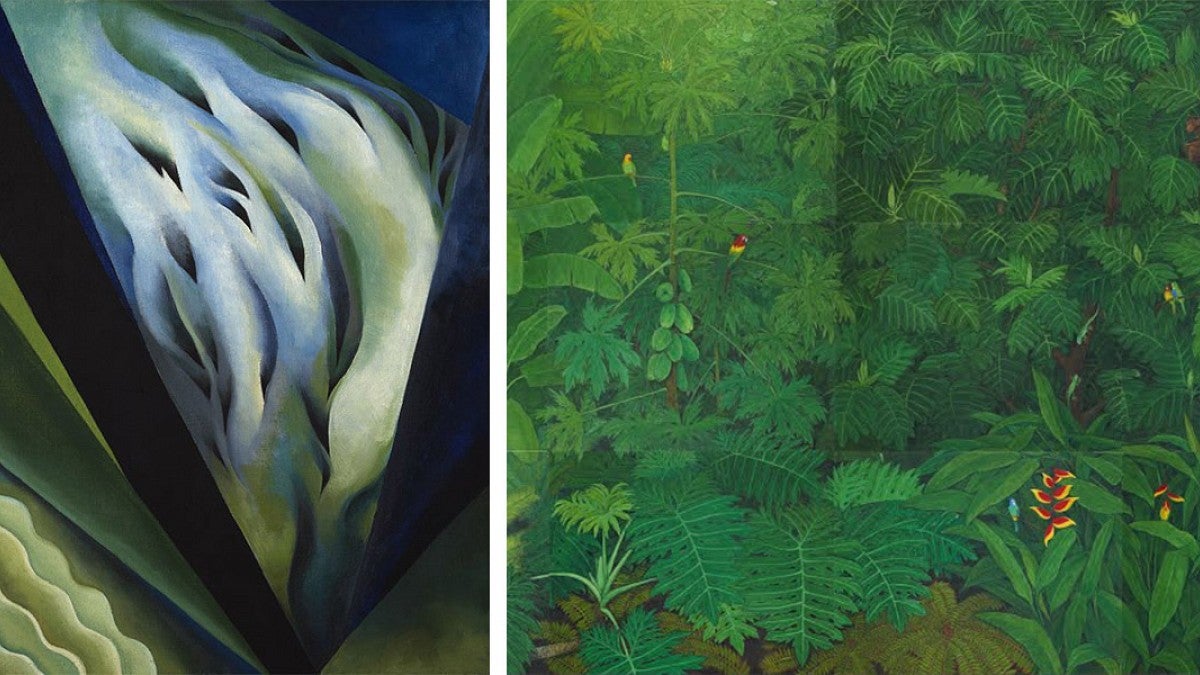 A blue and green canvas by Okeefe and a painting of a garden