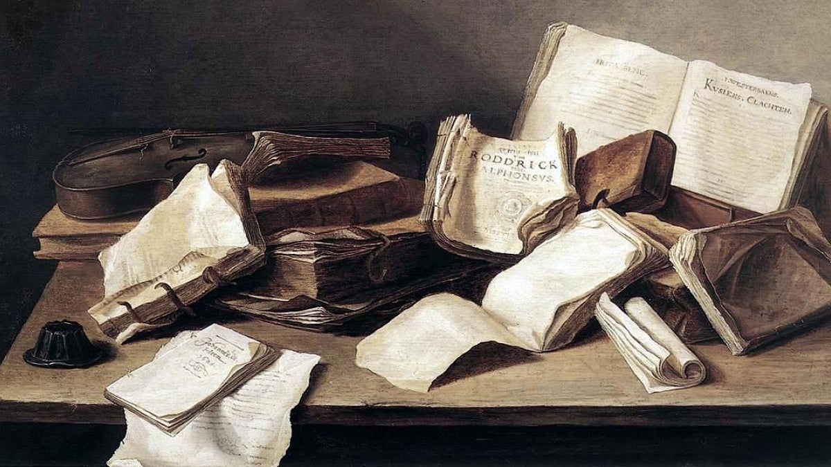 Painting of books on table